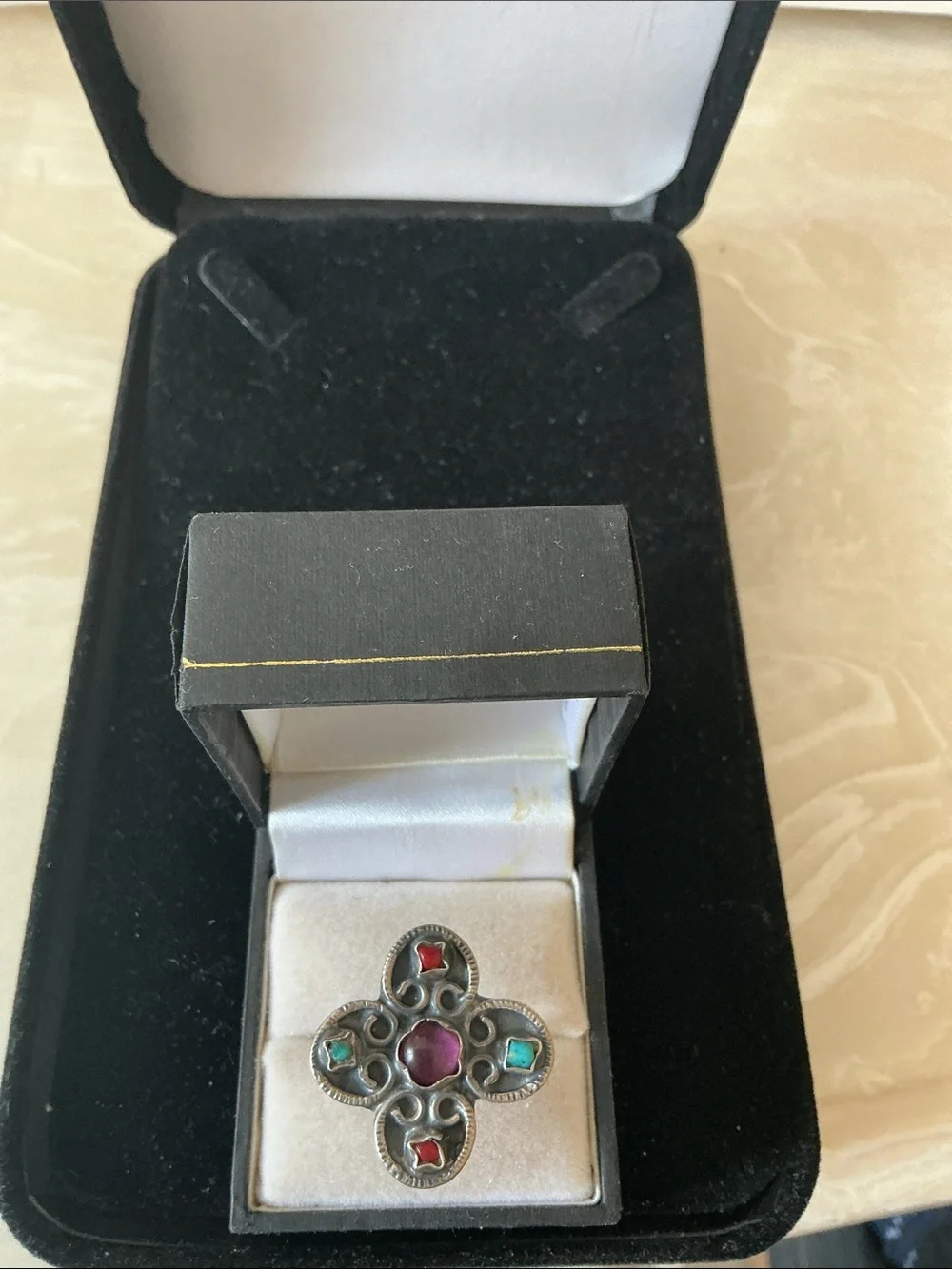 Silver Multi-Stone Floral Motif Ring - Purple, Red & Turquoise